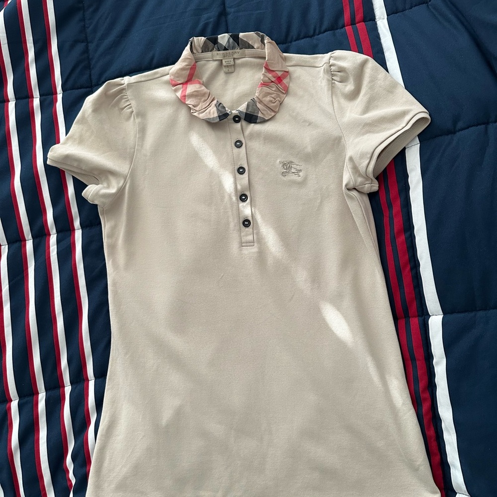 BNWOT Burberry Beige Polo Shirt with Plaid Collar